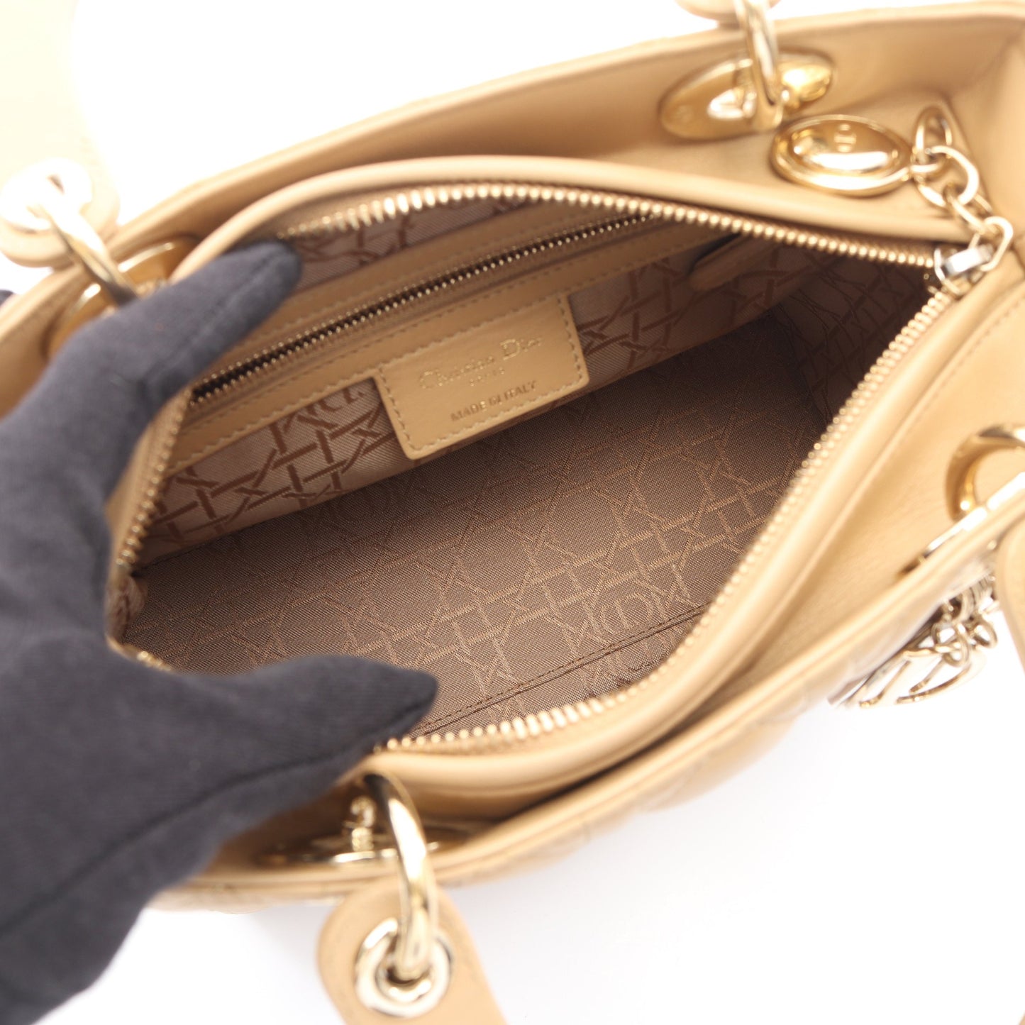 LADY DIOR レディディオール カナージュ 2WAY ハンドバッグ レザー ベージュ クリスチャンディオール