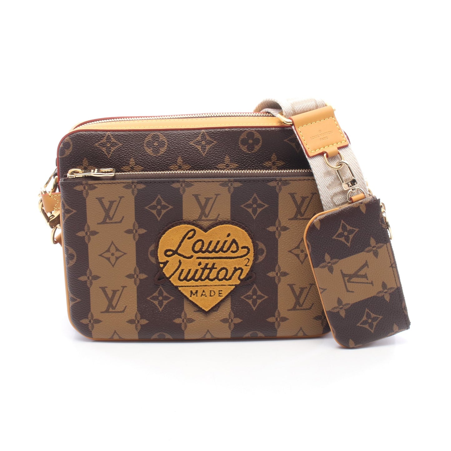 LOUIS VUITTON × NIGO トリオ メッセンジャー モノグラムストライプ LVスクエアード ショルダーバッグ PVC レザー ブラウン ルイヴィトン