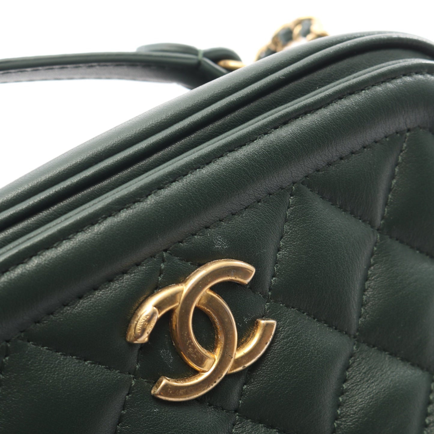 マトラッセ トップハンドル 2WAY チェーンショルダーバッグ レザー ダークグリーン ゴールド金具 シャネル