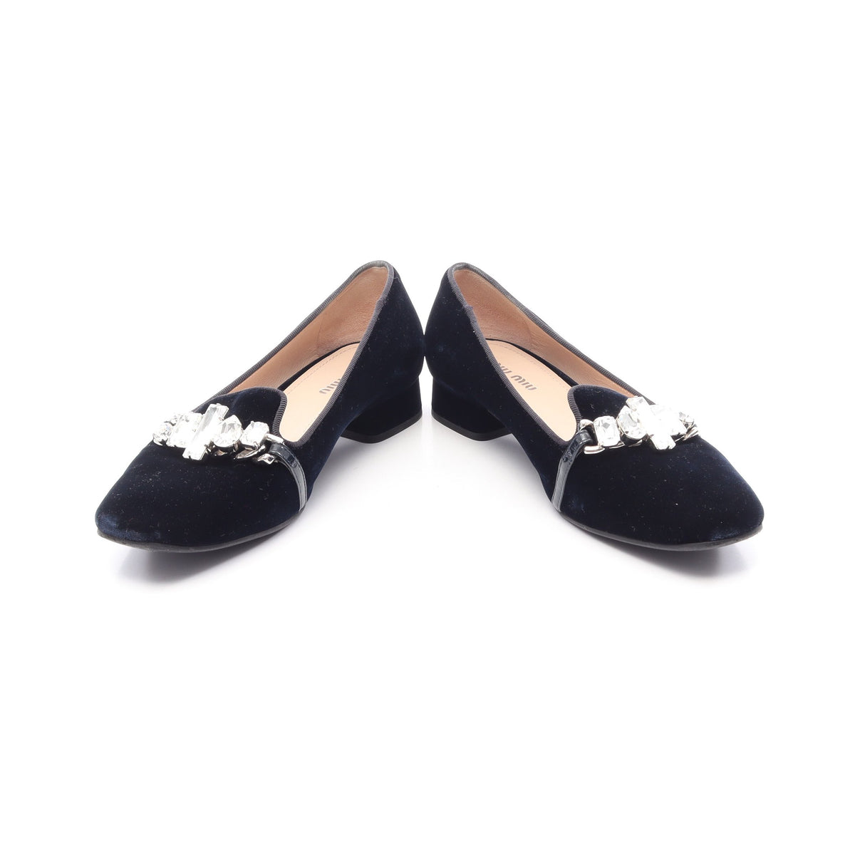 ビジュー フラットシューズ ベルベット ダークネイビー ミュウミュウ シューズ miu miu