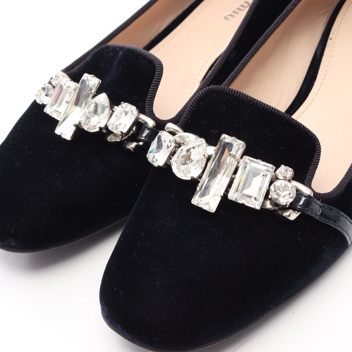 ビジュー フラットシューズ ベルベット ダークネイビー ミュウミュウ シューズ miu miu