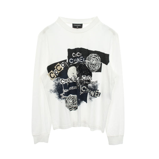 ココマーク カメリア スパンコール 長袖Tシャツ コットン ホワイト シャネル トップス CHANEL