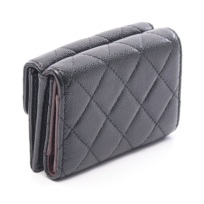 クラシック スモール フラップ ウォレット マトラッセ 三つ折り財布 キャビアスキン ブラック シルバー金具 シャネル