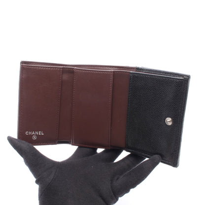 クラシック スモール フラップ ウォレット マトラッセ 三つ折り財布 キャビアスキン ブラック シルバー金具 シャネル