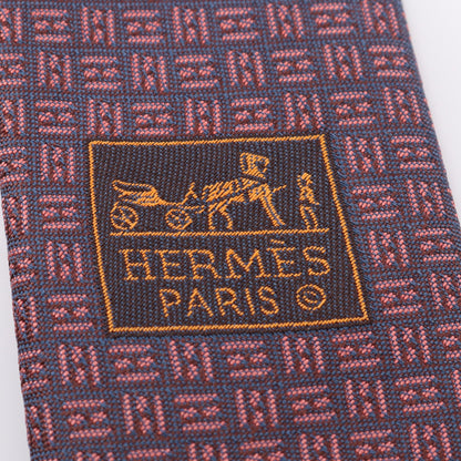 Hロゴ 総柄 ネクタイ シルク ネイビー ピンク エルメス 財布・小物 HERMES