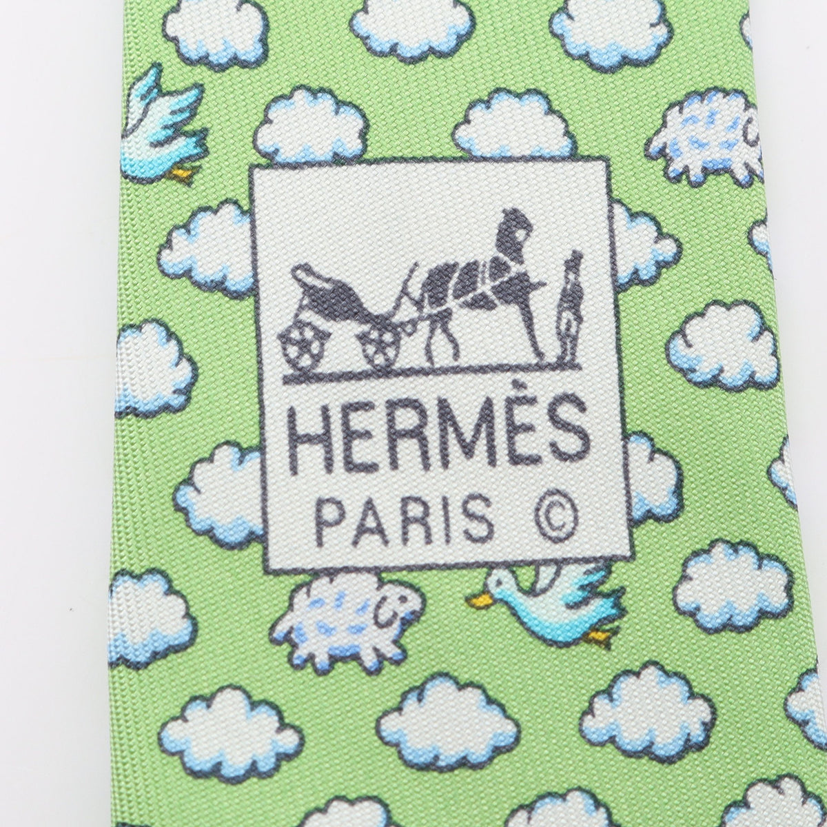 雲 羊 鳥 ネクタイ シルク ライトグリーン ホワイト マルチカラー エルメス 財布・小物 HERMES