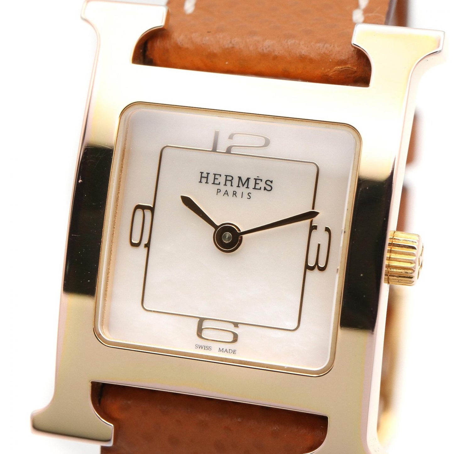 Hウォッチ ホワイトシェル レディース 腕時計 クオーツ GP レザー ホワイト エルメス 時計 HERMES