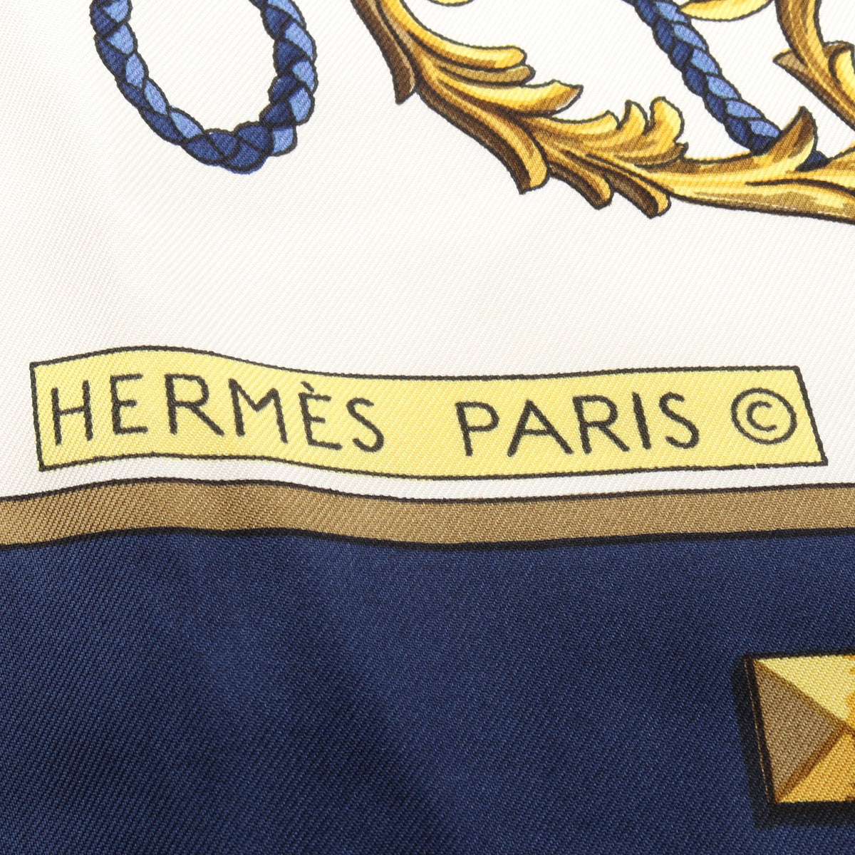 カレ90 LES CLES スカーフ シルク ネイビー オフホワイト イエロー エルメス 財布・小物 HERMES