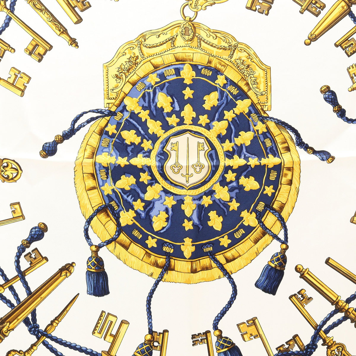 カレ90 LES CLES スカーフ シルク ネイビー オフホワイト イエロー エルメス 財布・小物 HERMES