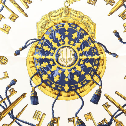 カレ90 LES CLES スカーフ シルク ネイビー オフホワイト イエロー エルメス 財布・小物 HERMES
