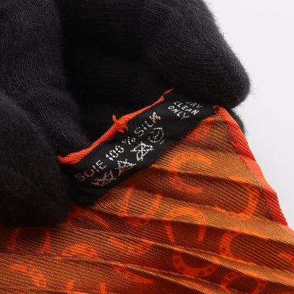 カレプリセ A Cheval sur mon Carre プリーツ スカーフ シルク オレンジ グレーブラウン エルメス 財布・小物 HERMES