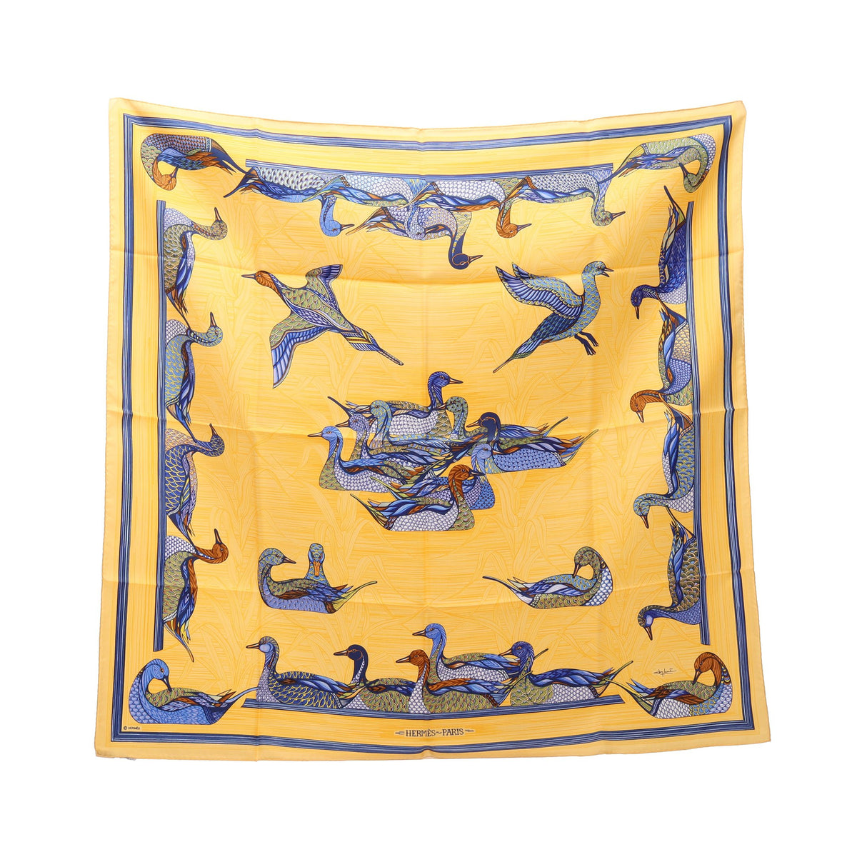カレ90 La Mare aux Canards スカーフ シルク ライトオレンジ ブルー エルメス 財布・小物 HERMES