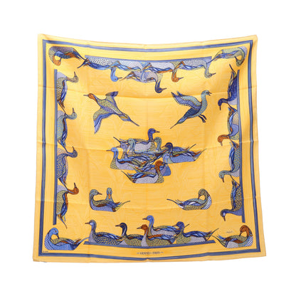 カレ90 La Mare aux Canards スカーフ シルク ライトオレンジ ブルー エルメス 財布・小物 HERMES