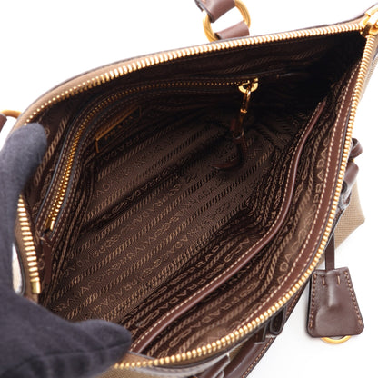 LOGO JACQUARD ロゴジャガード 2WAY ハンドバッグ キャンバス レザー ベージュ ブラウン プラダ