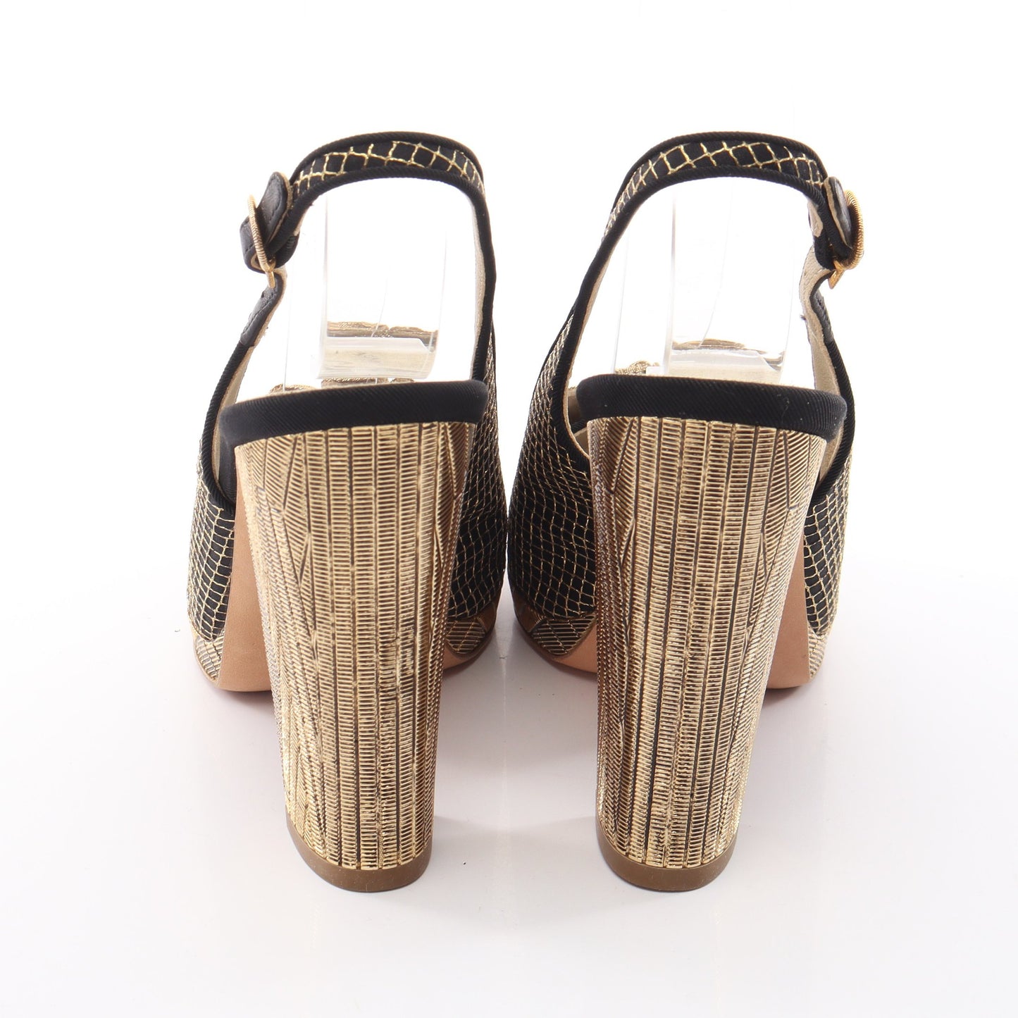 カメリア オープントゥ ミュール サンダル ファブリック ブラック ゴールド シャネル