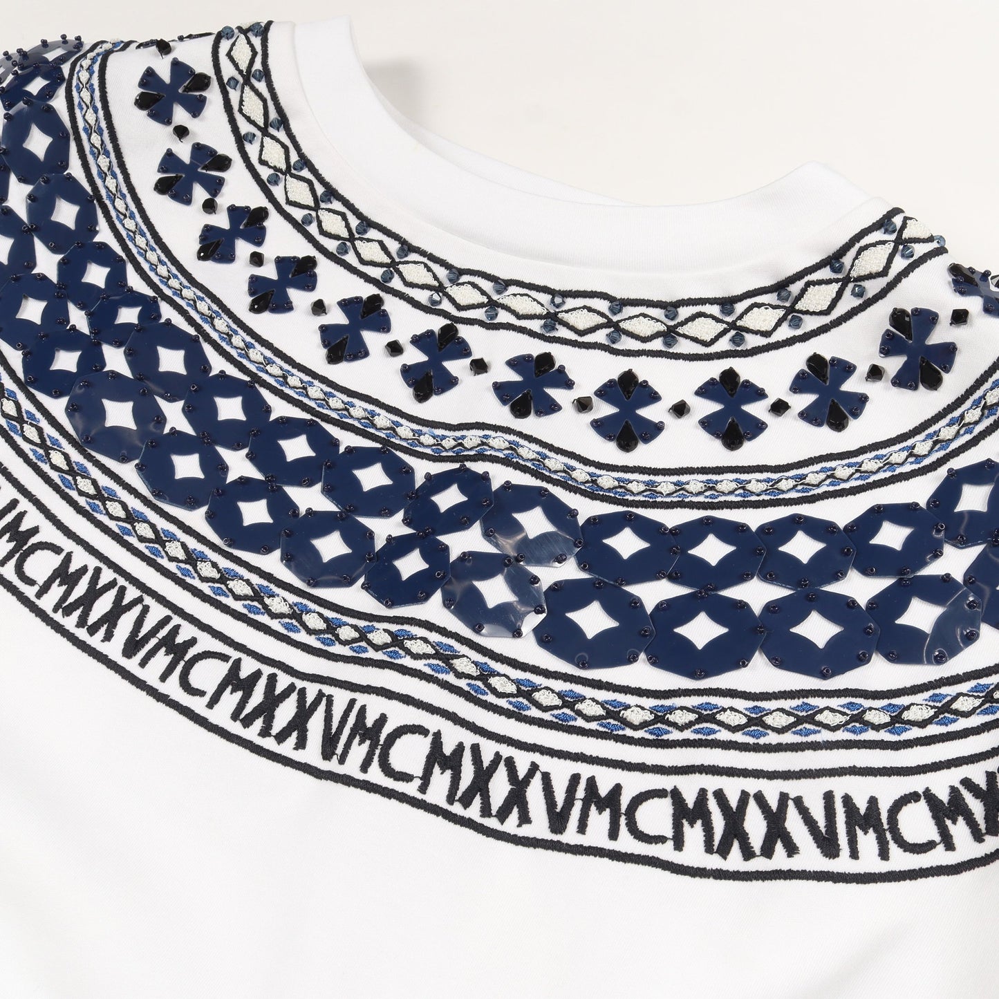 ビーズ 刺繍 半袖Tシャツ コットン ホワイト ブラック ネイビー フェンディ