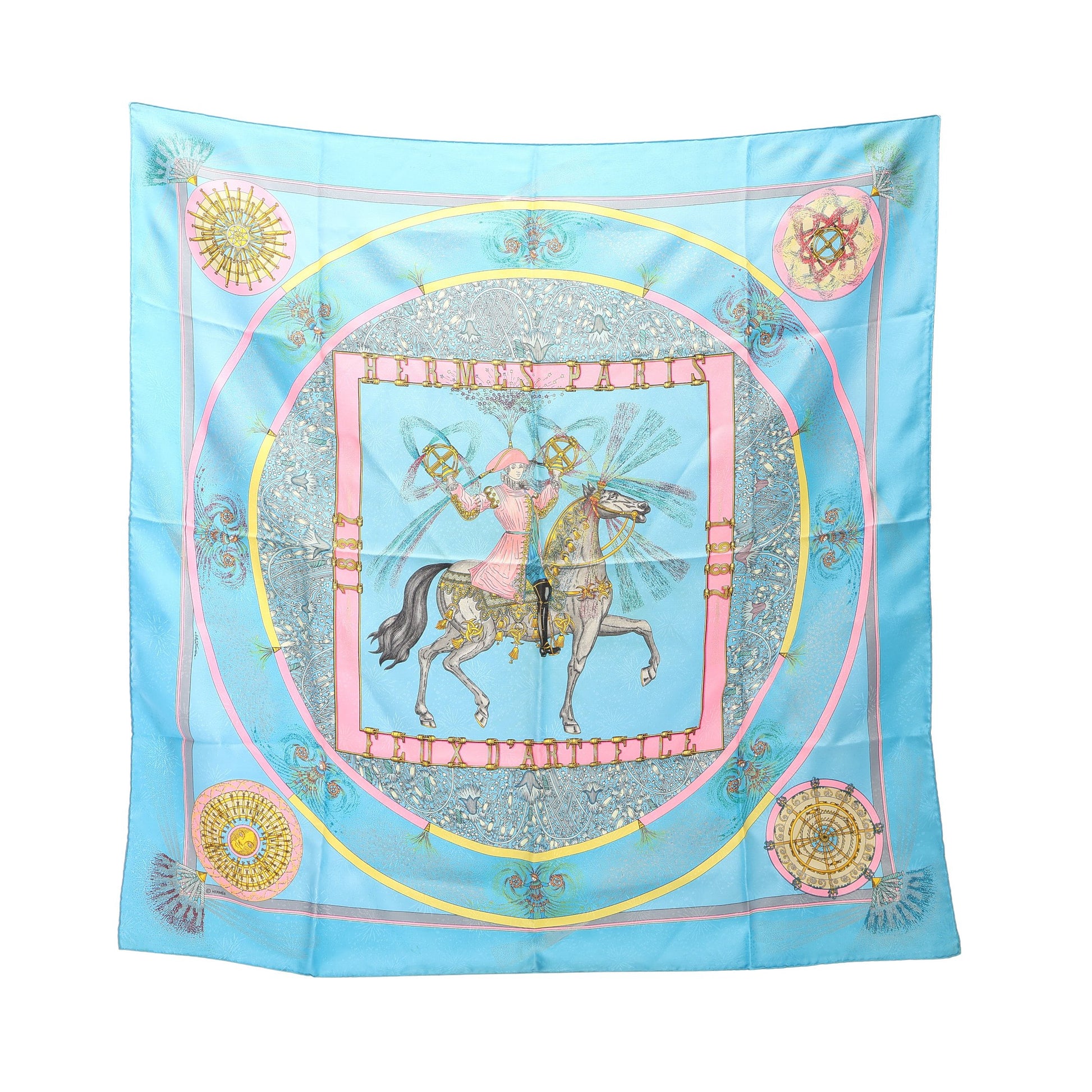 カレ90 FEUX D’ARTIFICE スカーフ シルク ライトブルー マルチカラー エルメス 財布・小物 HERMES