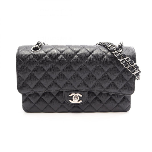 マトラッセ Wフラップ Wチェーンショルダーバッグ キャビアスキン ブラック シルバー金具 シャネル バッグ CHANEL