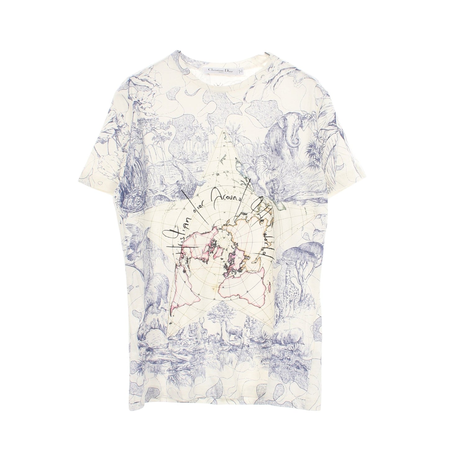 Around the World トートバッグ付き 半袖Tシャツ コットン リネン オフホワイト ブルー マルチカラー クリスチャンディオール
