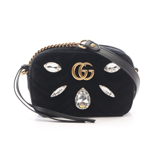GGマーモント キルティング ミニバッグ ビジュー チェーンショルダーバッグ ベロア レザー ブラック グッチ バッグ GUCCI