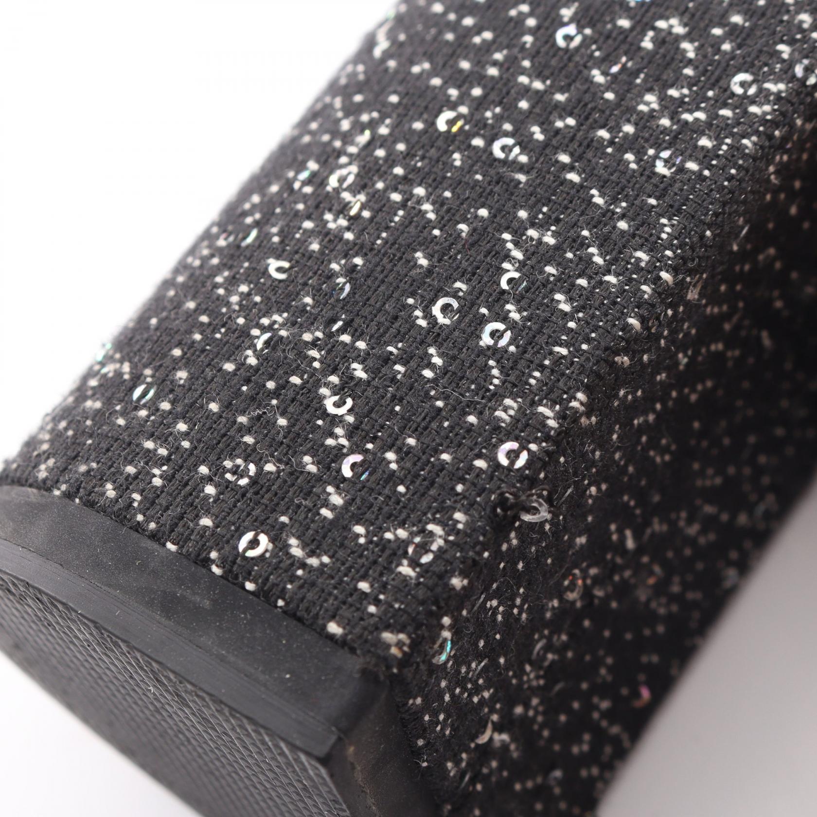 ココマーク ビーズ刺繍 スパンコール チャンキーヒール サンダル ファブリック ブラック シャネル シューズ CHANEL