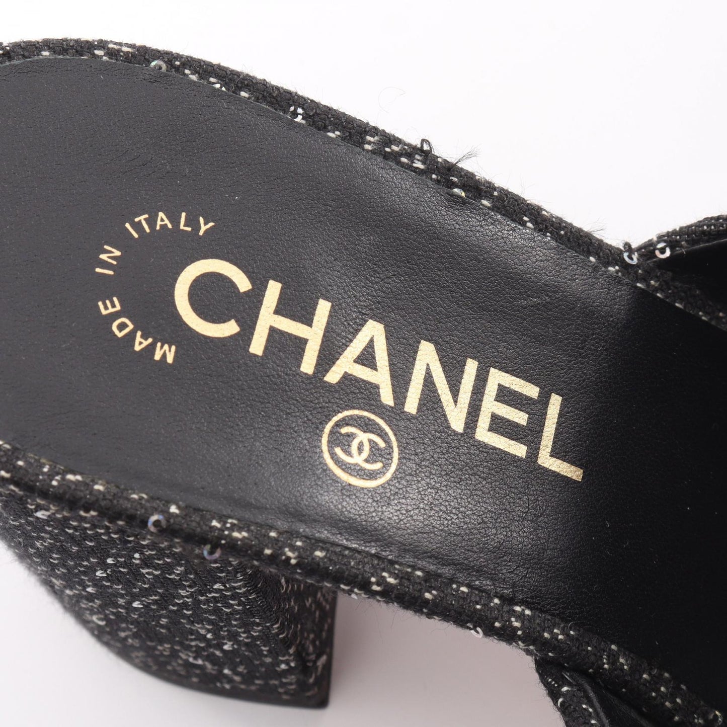ココマーク ビーズ刺繍 スパンコール チャンキーヒール サンダル ファブリック ブラック シャネル シューズ CHANEL