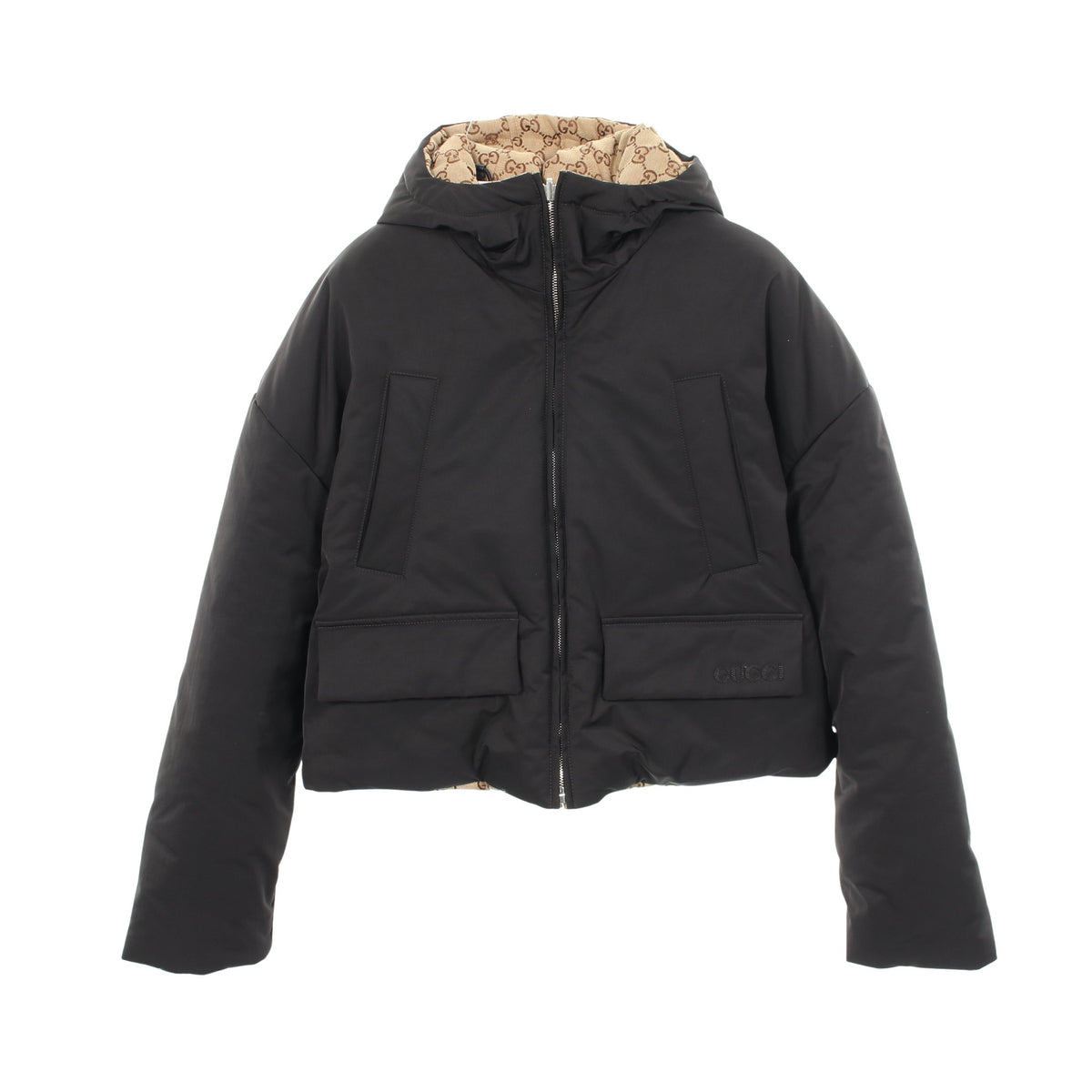 GGキャンバス フード付き リバーシブル 中綿 ジャケット コットン ブラック ベージュ グッチ アウター GUCCI