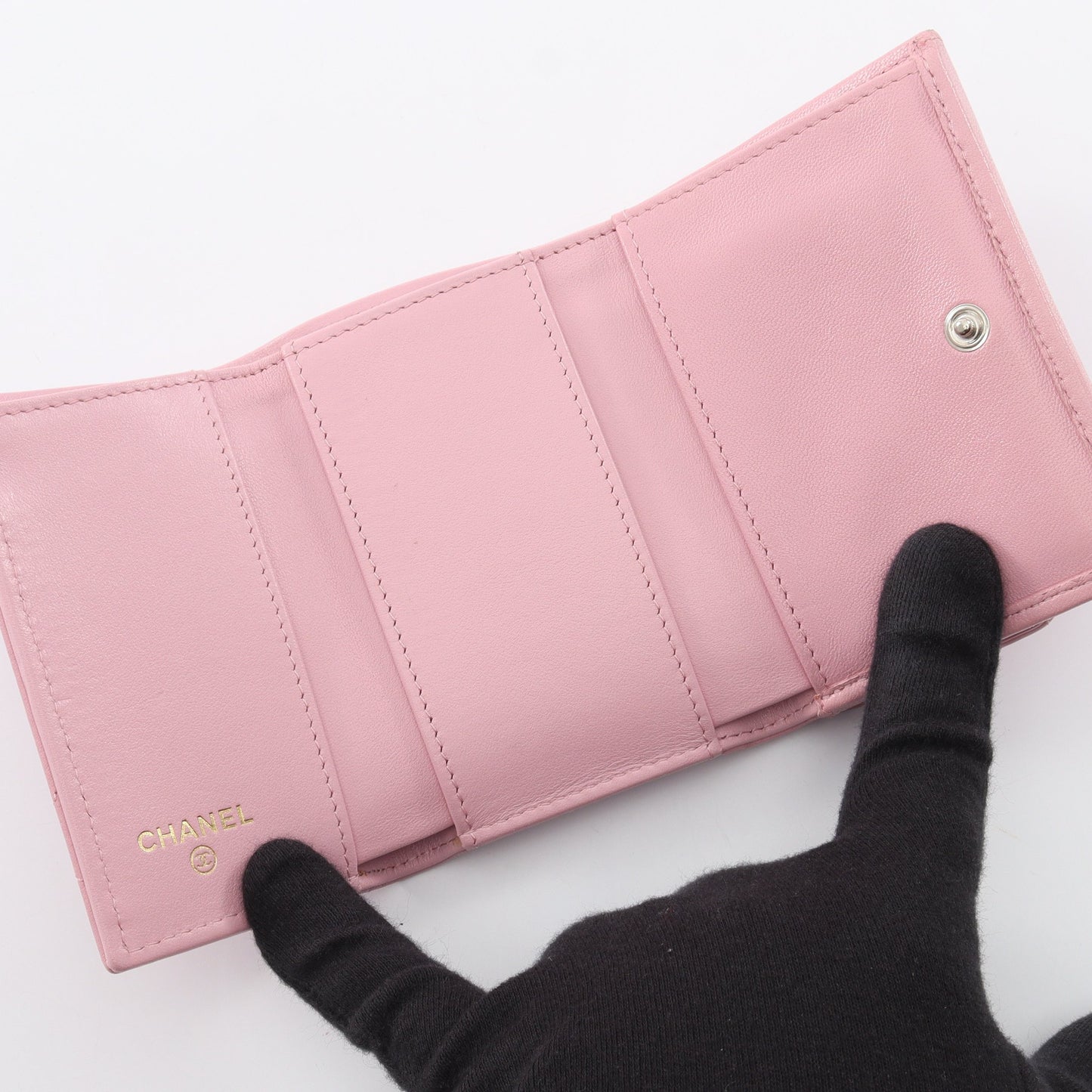 19 ディズヌフ スモールフラップウォレット 三つ折り長財布 ラムスキン ピンク シルバー金具 シャネル
