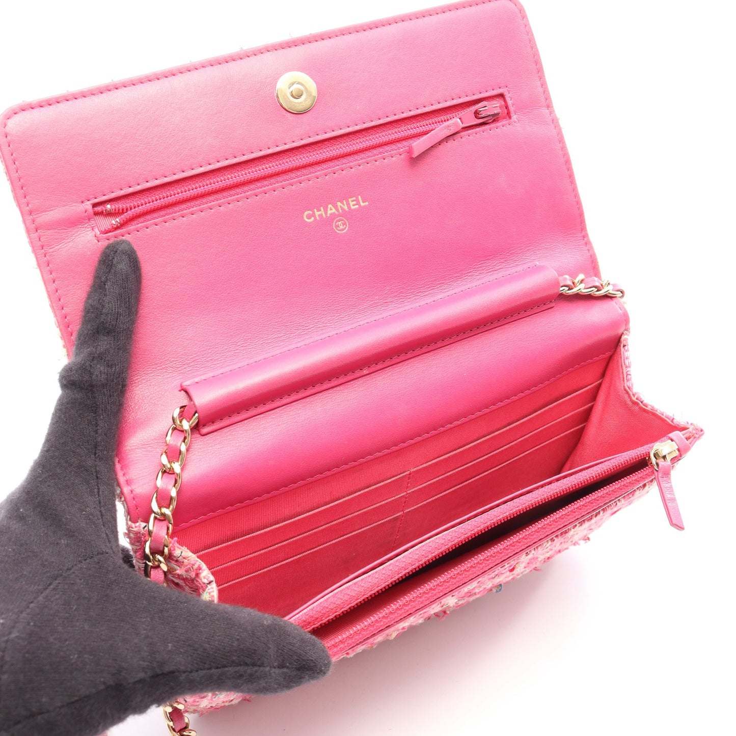 マトラッセ チェーンウォレット ツイード ピンク マルチカラー ゴールド金具 シャネル