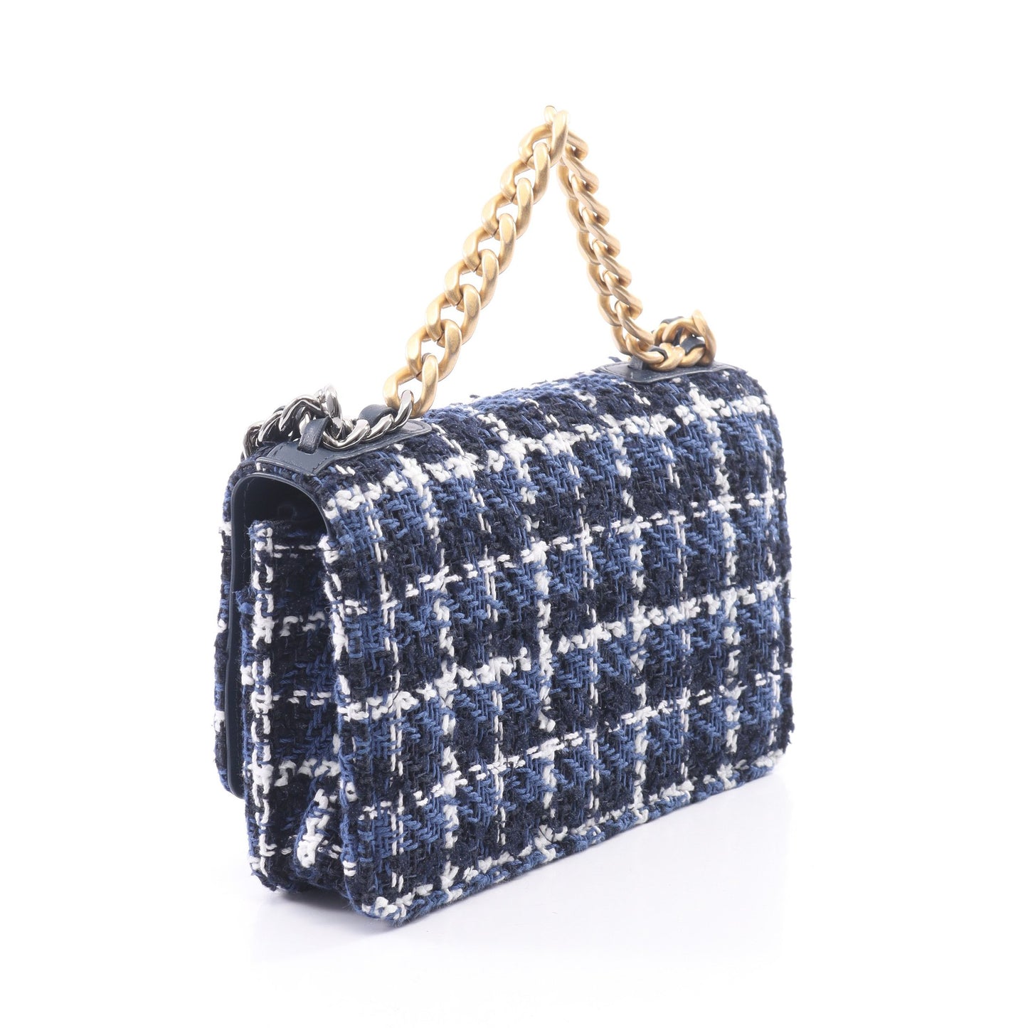 CHANEL19 マトラッセ チェック コンビ金具 2WAY チェーンウォレット ファブリック ブルー ホワイト ブラック シャネル