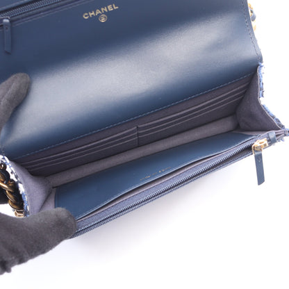 CHANEL19 マトラッセ チェック コンビ金具 2WAY チェーンウォレット ファブリック ブルー ホワイト ブラック シャネル