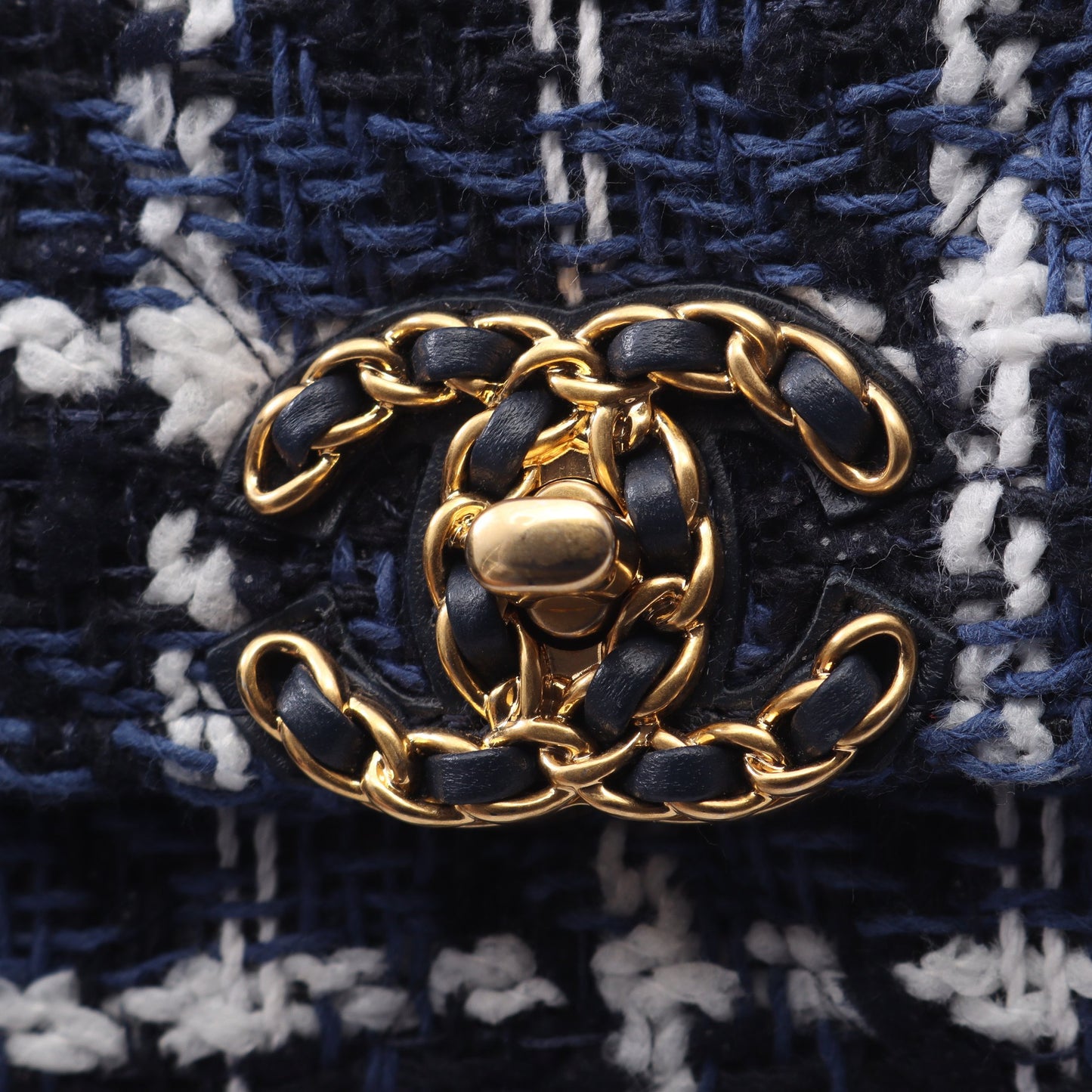CHANEL19 マトラッセ チェック コンビ金具 2WAY チェーンウォレット ファブリック ブルー ホワイト ブラック シャネル