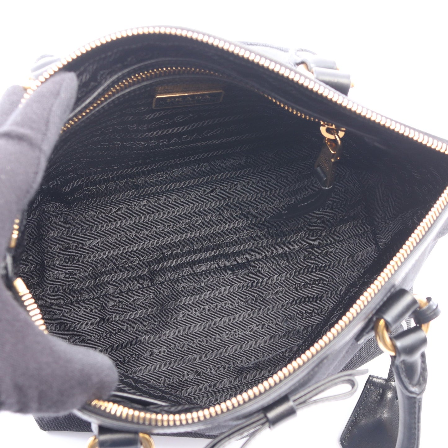LOGO JACQUARD ロゴジャガード ハンドバッグ キャンバス レザー ブラック プラダ