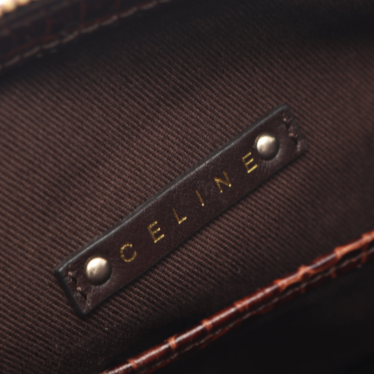 マカダム クロコ型押し ハンドバッグ キャンバス レザー ダークブラウン ブラウン セリーヌ バッグ CELINE