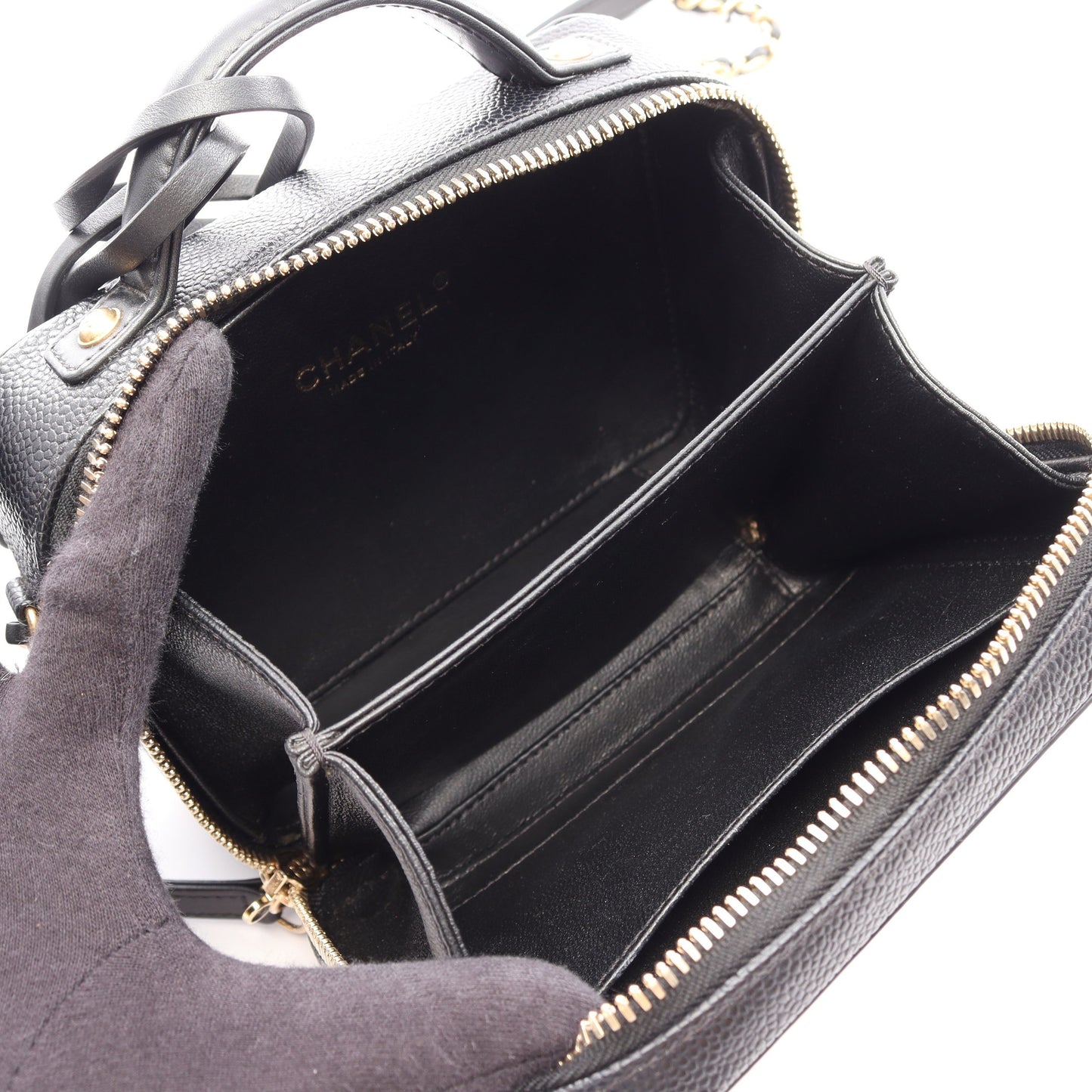 CCフィグリー スモール バニティバッグ 2WAY チェーンショルダーバッグ キャビアスキン ブラック ゴールド金具 シャネル