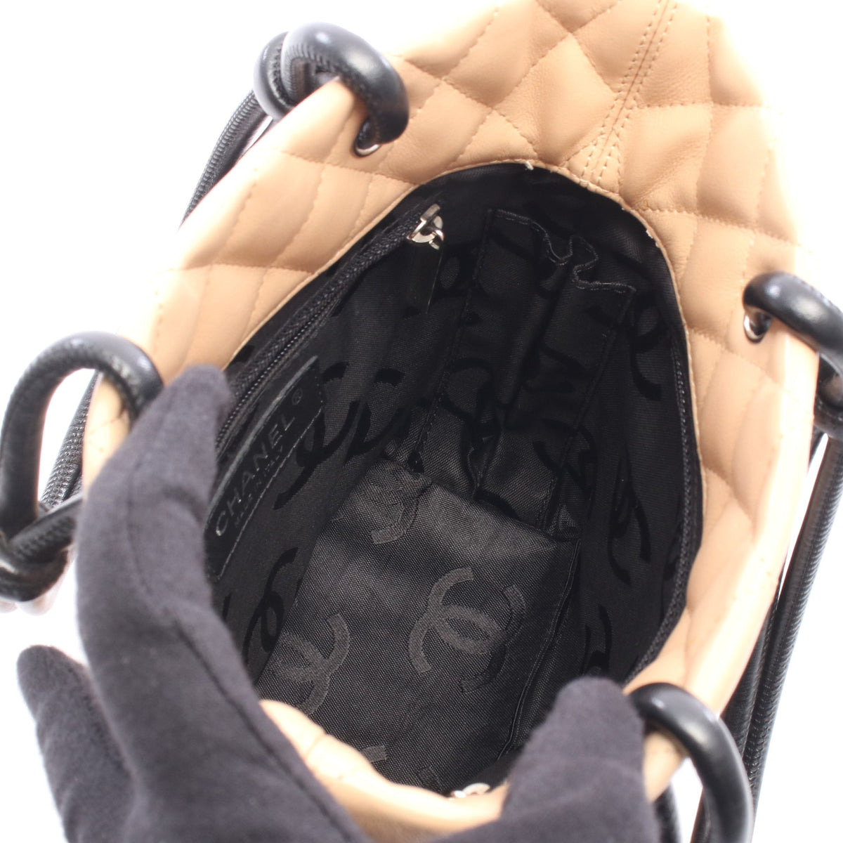 カンボンライン スモール ハンドバッグ トートバッグ レザー ベージュ ブラック シルバー金具 シャネル バッグ CHANEL