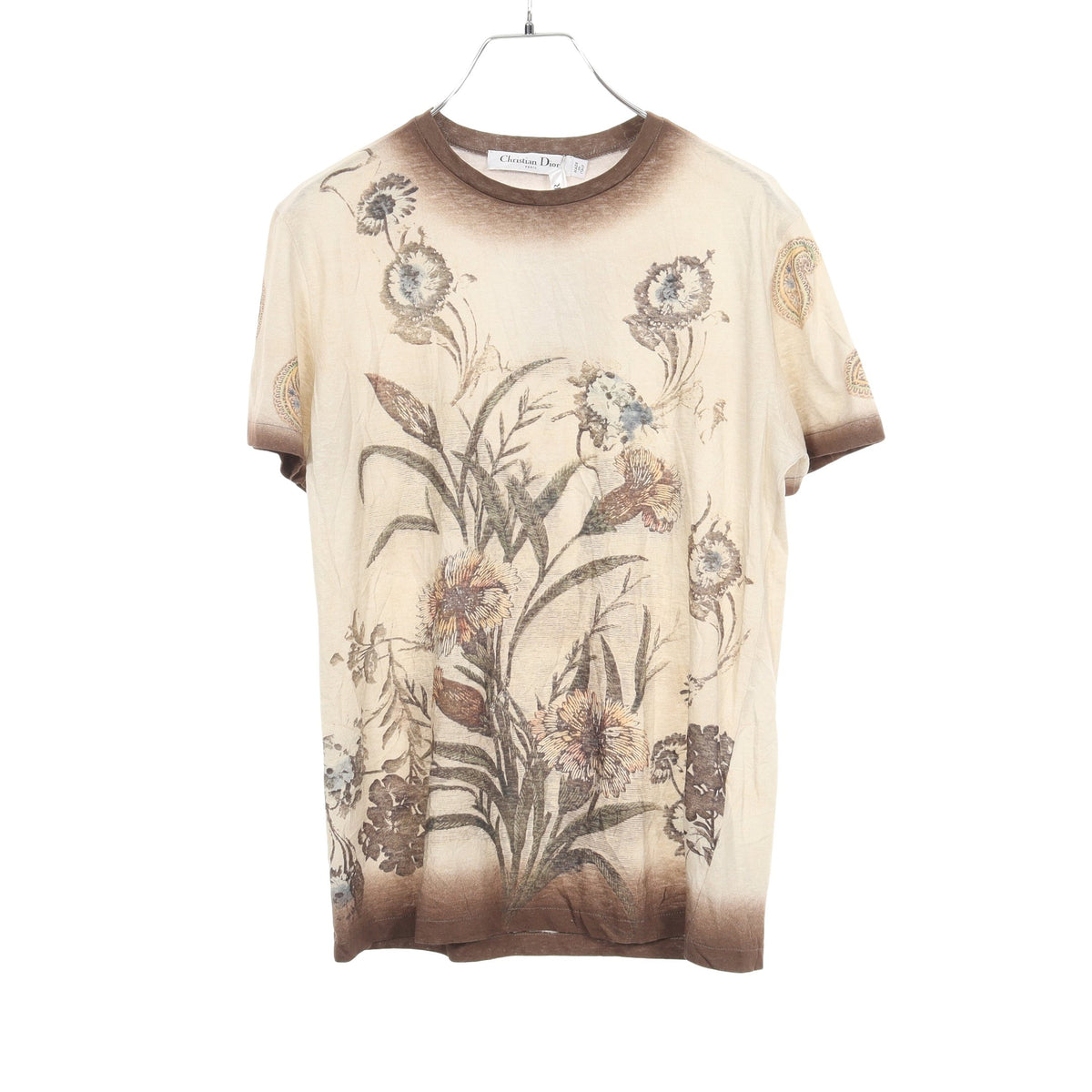 ボタニカルプリント 半袖Tシャツ コットン リネン ライトベージュ ダークブラウン マルチカラー クリスチャンディオール