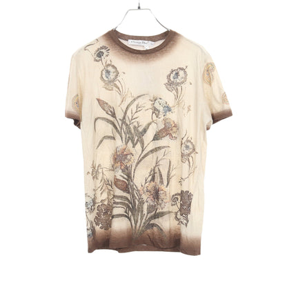 ボタニカルプリント 半袖Tシャツ コットン リネン ライトベージュ ダークブラウン マルチカラー クリスチャンディオール