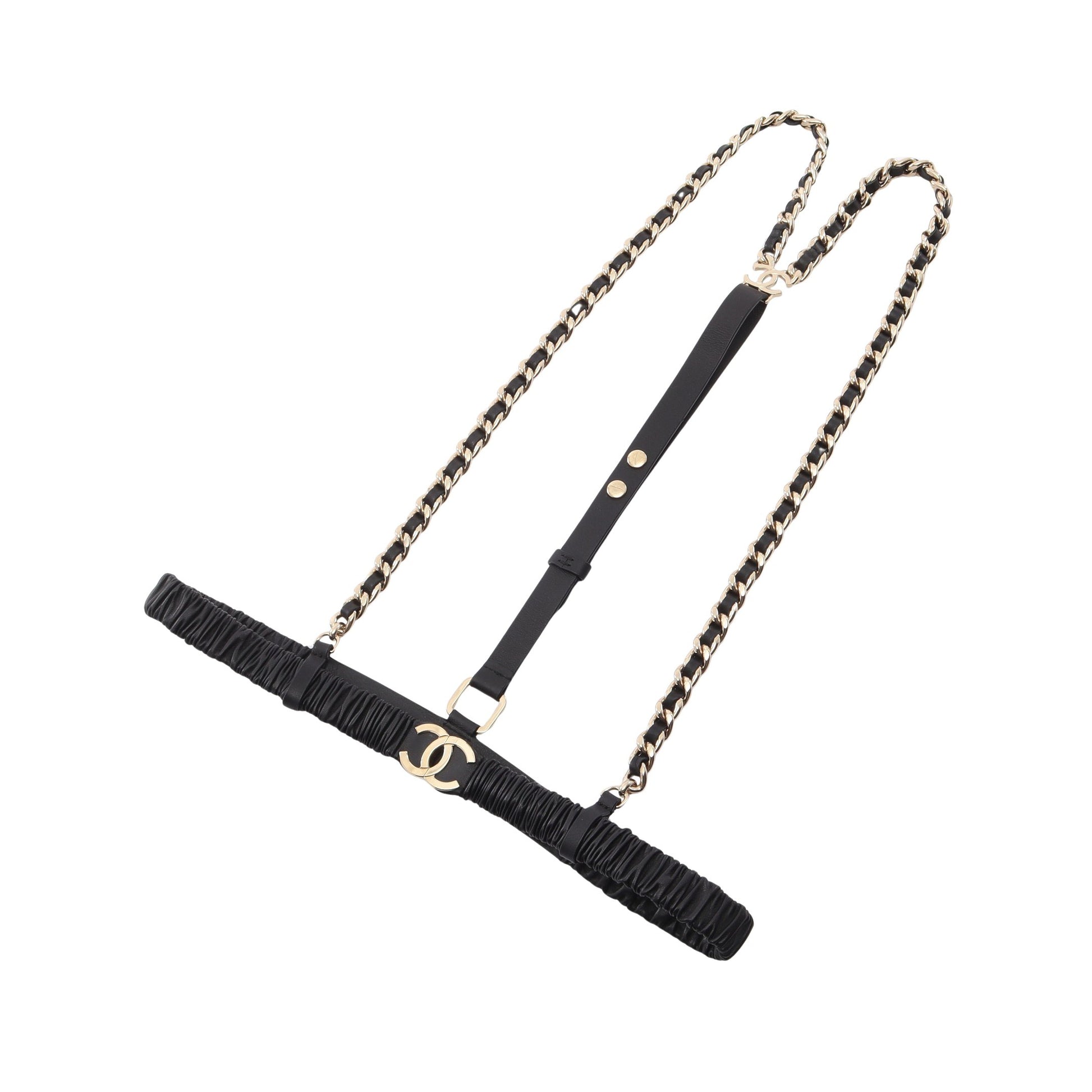 A22C ココマーク チェーン サスペンダー レザー ブラック ゴールド金具 シャネル 財布・小物 CHANEL
