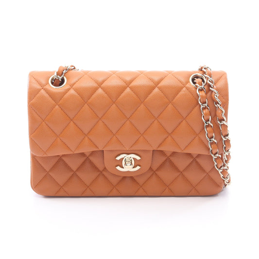 マトラッセ Wフラップ Wチェーンショルダーバッグ キャビアスキン ライトブラウン シルバー金具 シャネル バッグ CHANEL