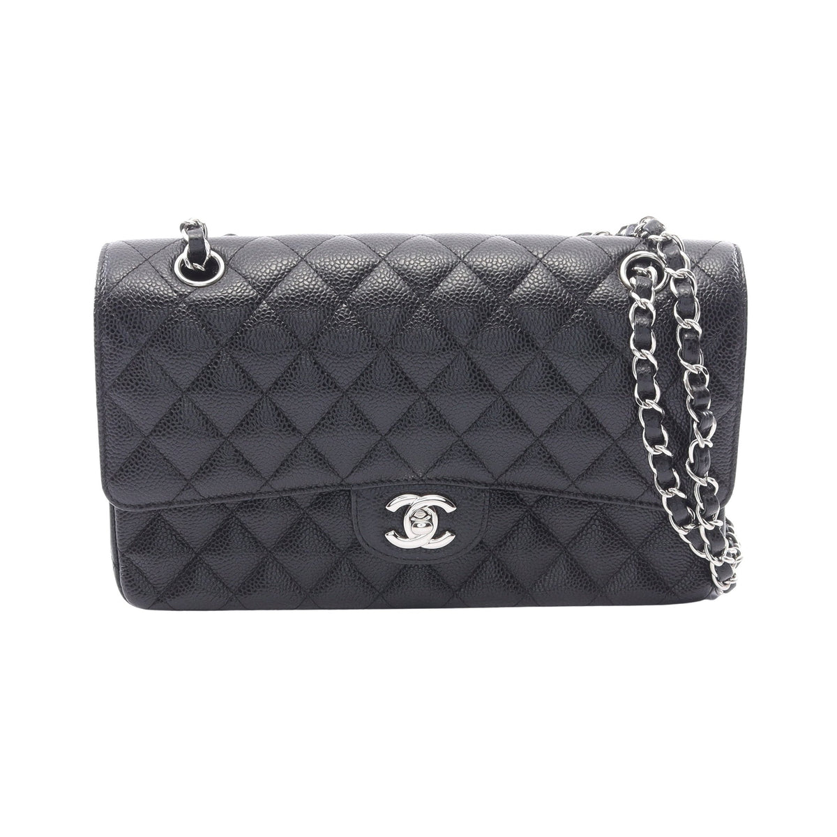 マトラッセ Wフラップ Wチェーンショルダーバッグ キャビアスキン ブラック シルバー金具 シャネル バッグ CHANEL