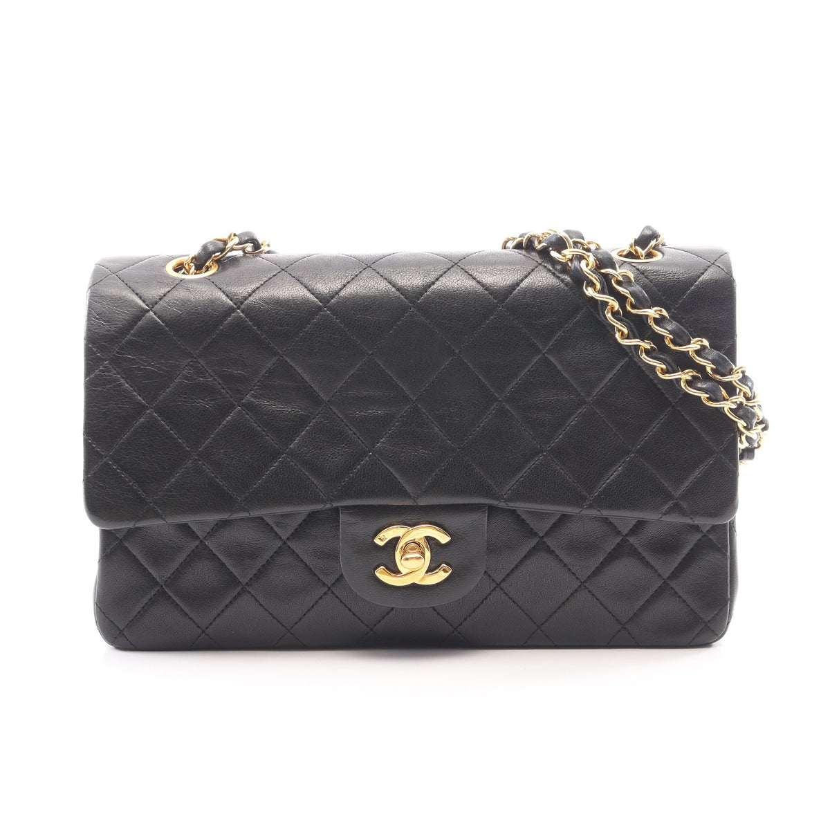 マトラッセ Wフラップ Wチェーンショルダーバッグ ラムスキン ブラック ゴールド金具 ヴィンテージ シャネル バッグ CHANEL