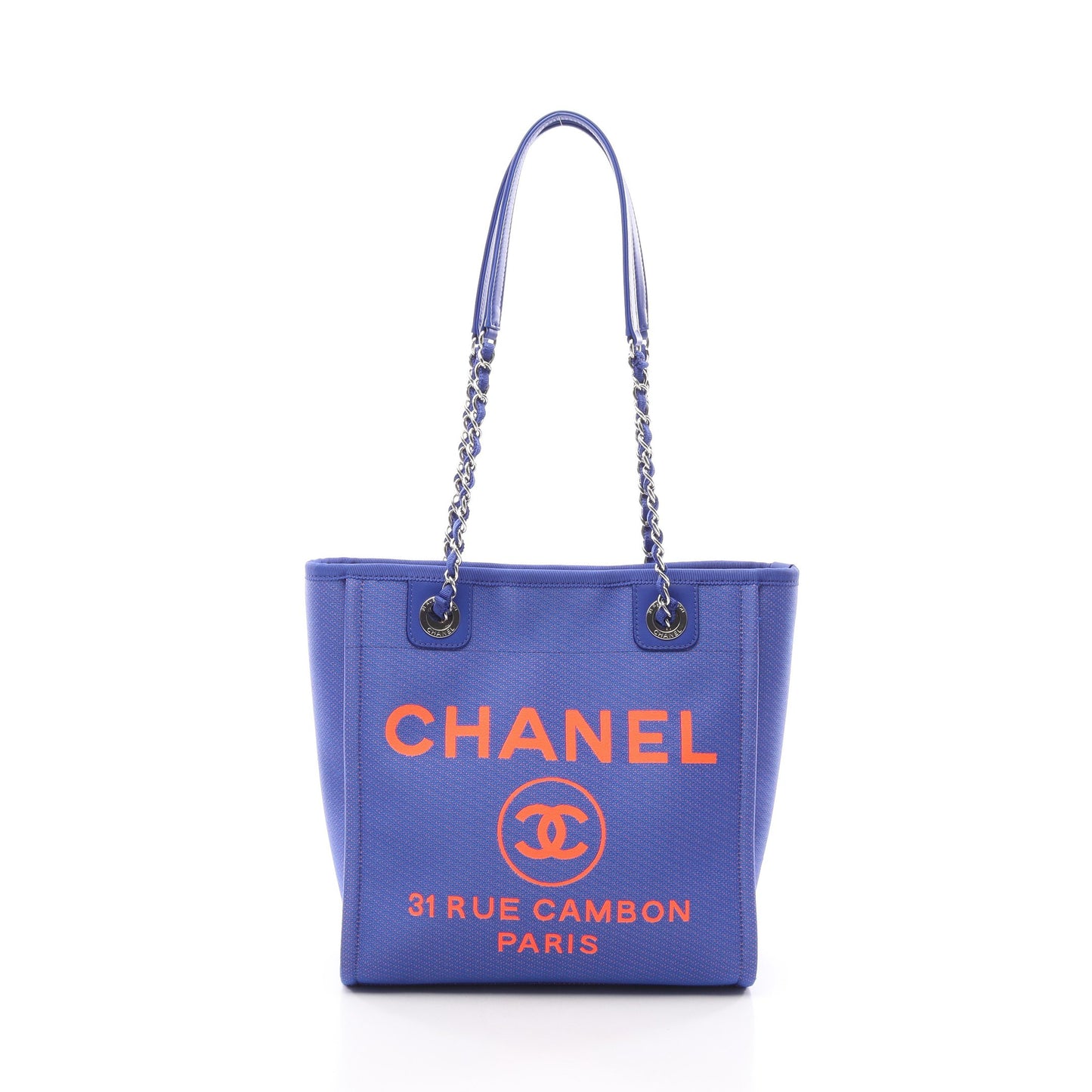 ドーヴィルPM チェーンショルダーバッグ チェーントートバッグ キャンバス レザー ブルー オレンジ シルバー金具 シャネル バッグ CHANEL
