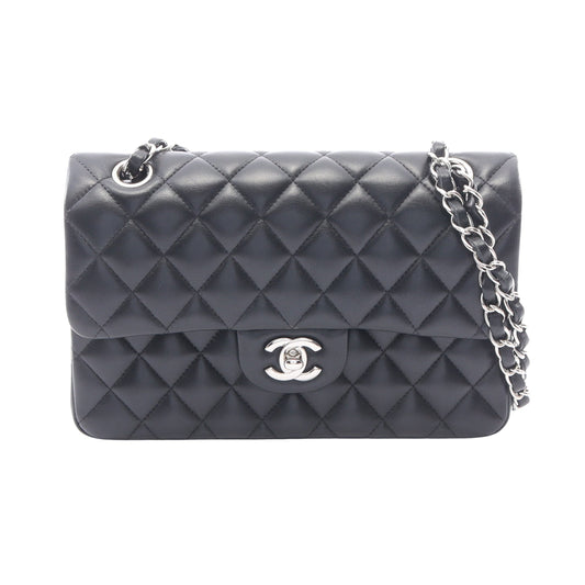 マトラッセ Wフラップ Wチェーンショルダーバッグ ラムスキン ブラック シルバー金具 シャネル バッグ CHANEL