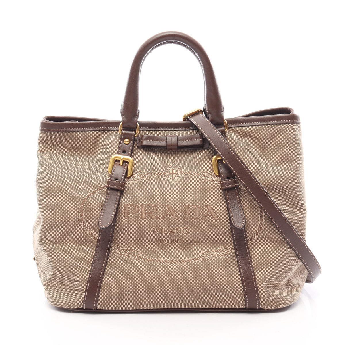 LOGO JACQUARD ロゴジャガード 2WAY ハンドバッグ トートバッグ キャンバス レザー ベージュ ブラウン プラダ バッグ PRADA