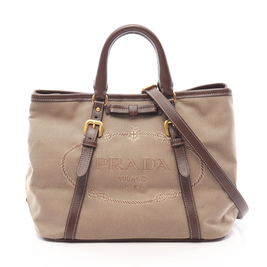 LOGO JACQUARD ロゴジャガード 2WAY ハンドバッグ トートバッグ キャンバス レザー ベージュ ブラウン プラダ バッグ PRADA