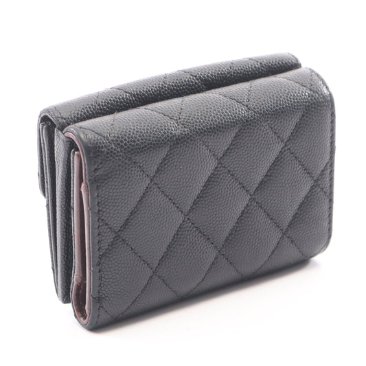 クラシック スモール フラップ ウォレット マトラッセ 三つ折り財布 キャビアスキン ブラック ゴールド金具 シャネル 財布・小物 CHANEL