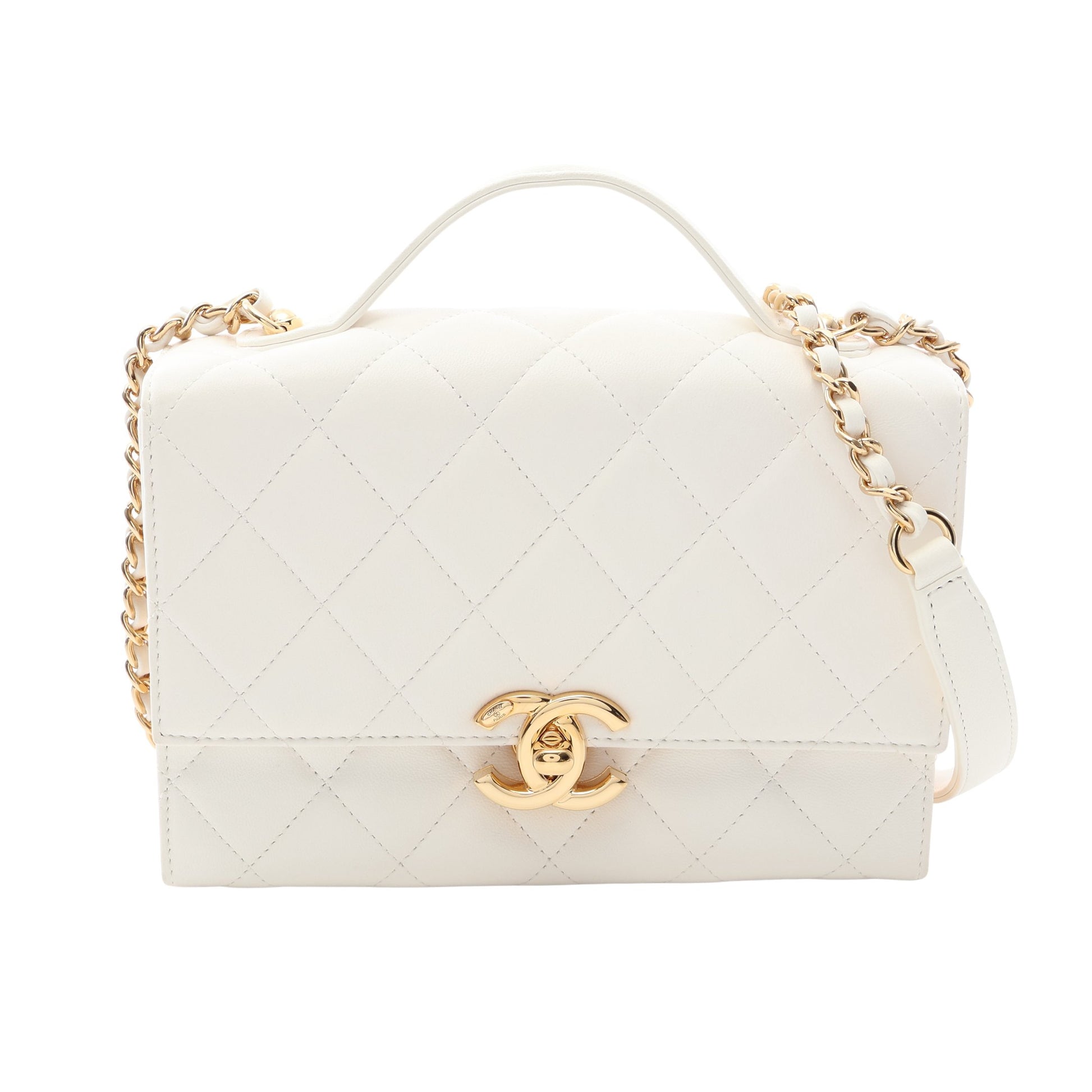 マトラッセ トップハンドル チェーンショルダーバッグ ラムスキン ホワイト ゴールド金具 シャネル バッグ CHANEL