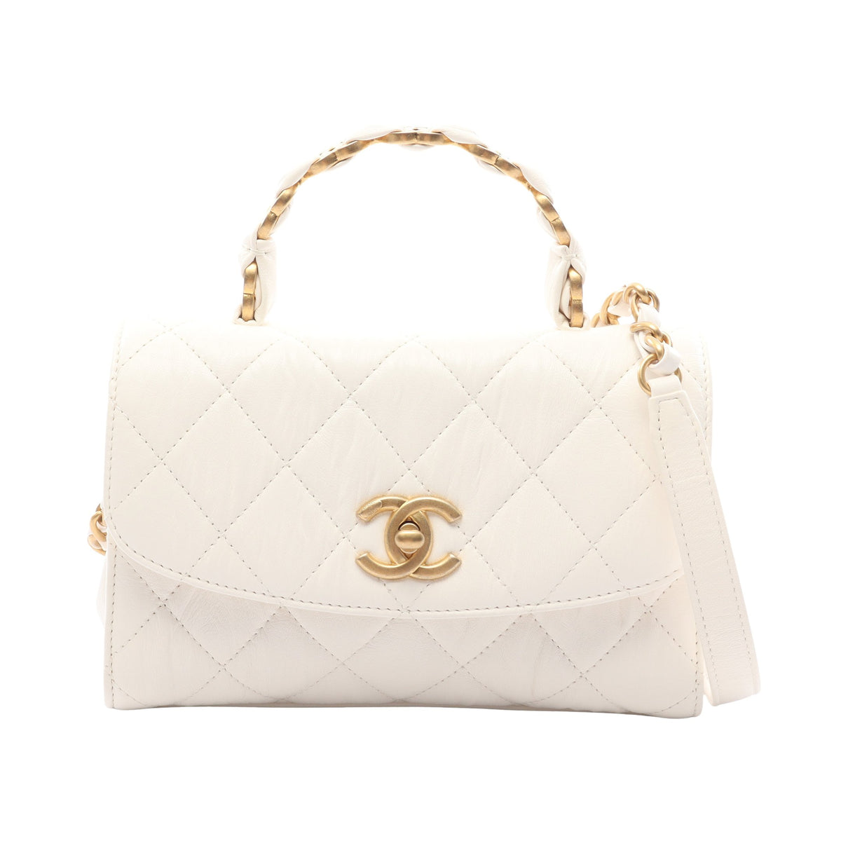 マトラッセ トップハンドル 2WAY チェーンショルダーバッグ レザー ホワイト ゴールド金具 シャネル バッグ CHANEL