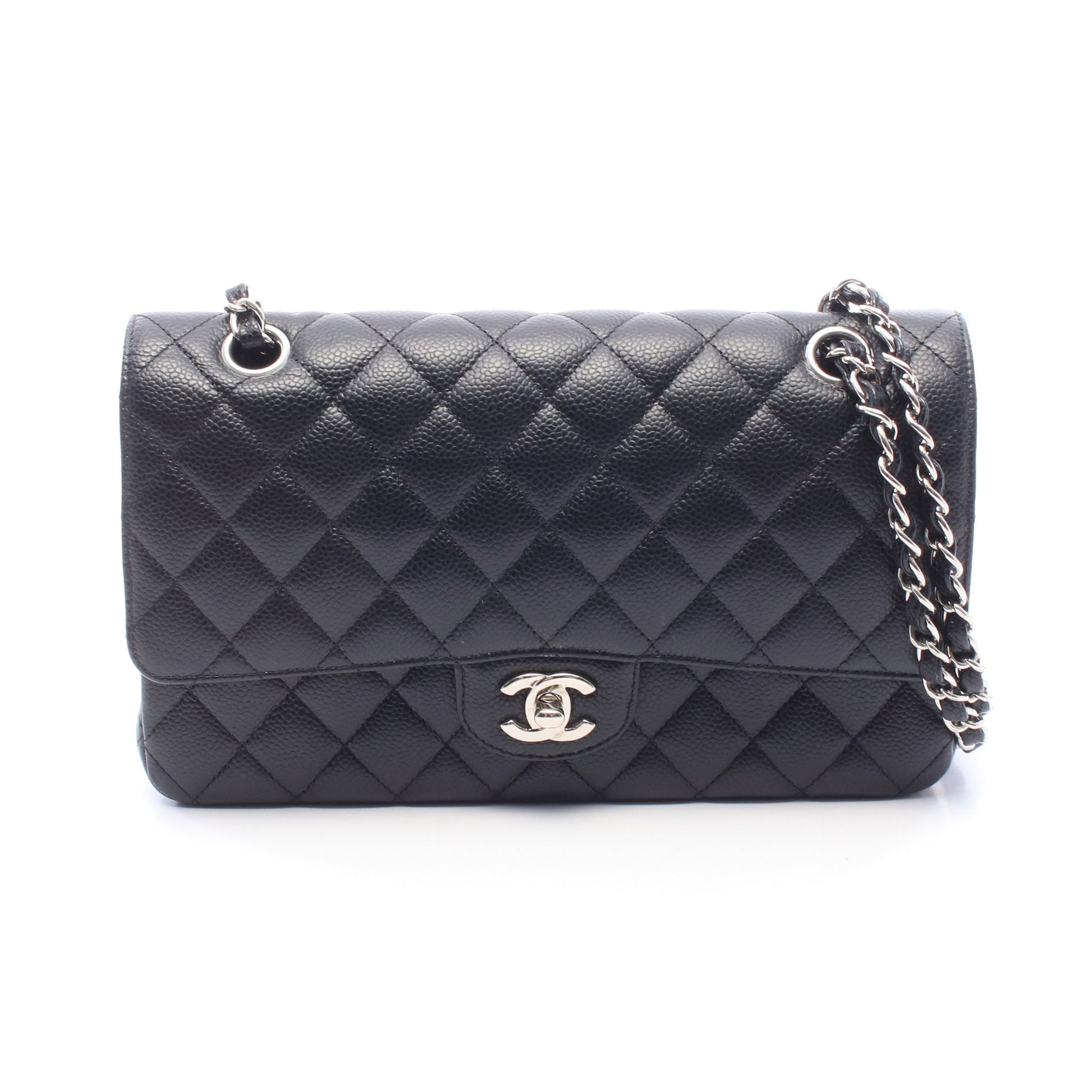 マトラッセ Wフラップ Wチェーンショルダーバッグ キャビアスキン ブラック シルバー金具 シャネル バッグ CHANEL